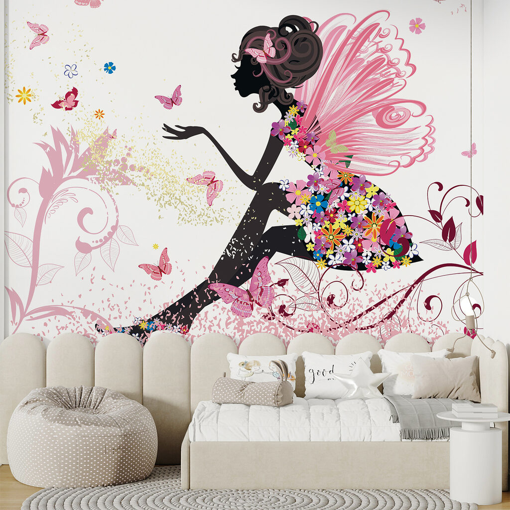 Woman sitting on a flowery dress Woman sitting on a flowery dress