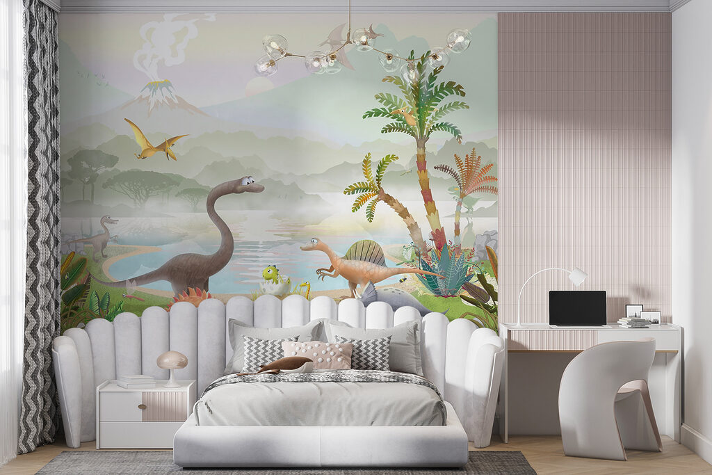 Group of dinosaurs near a lake