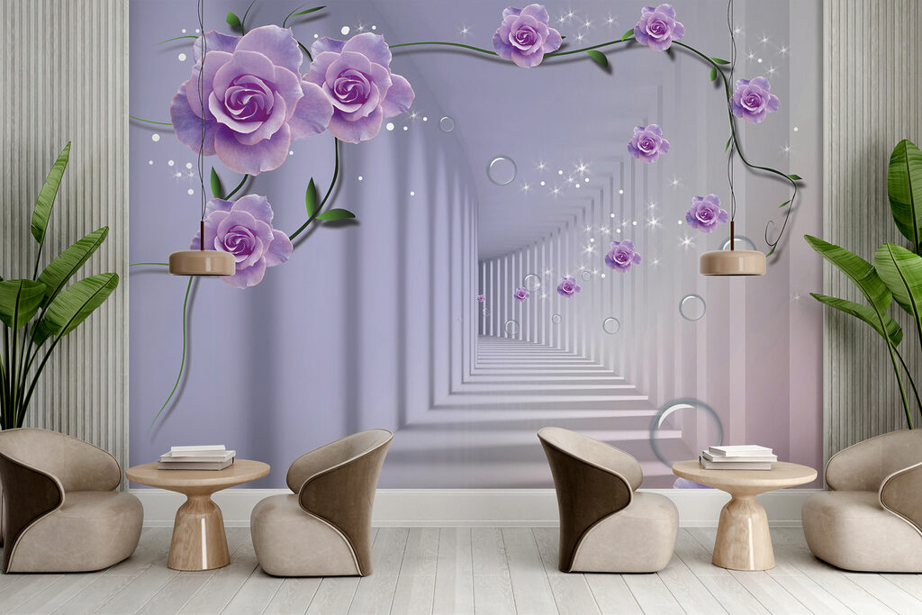 Wallpaper with purple roses and a staircase Wallpaper with purple roses and a staircase