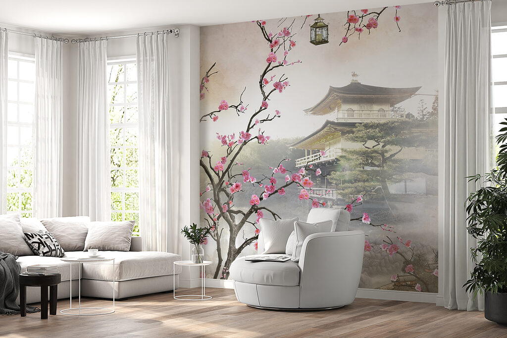 Tree with pink flowers and a building in the background