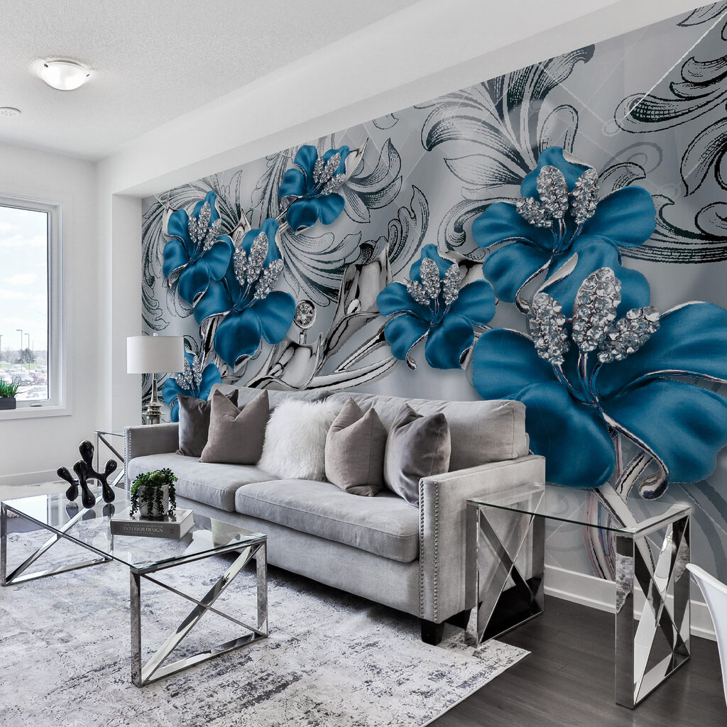 Silver and blue flowers on a silver and black background