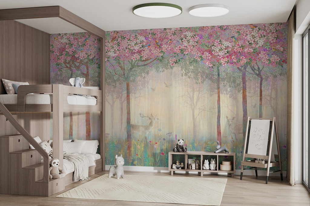 Painting of a forest with trees and flowers Painting of a forest with trees and flowers