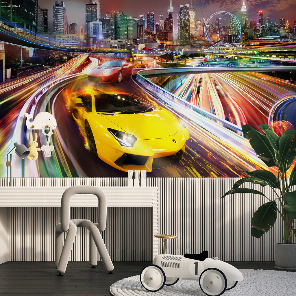 Yellow and red sports cars on a road with a city in the background Yellow and red sports cars on a road with a city in the background