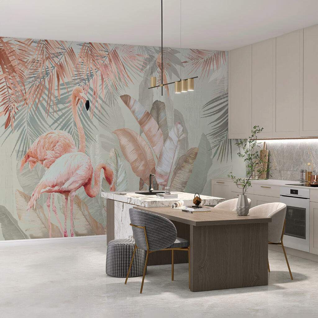 Flamingos and tropical leaves