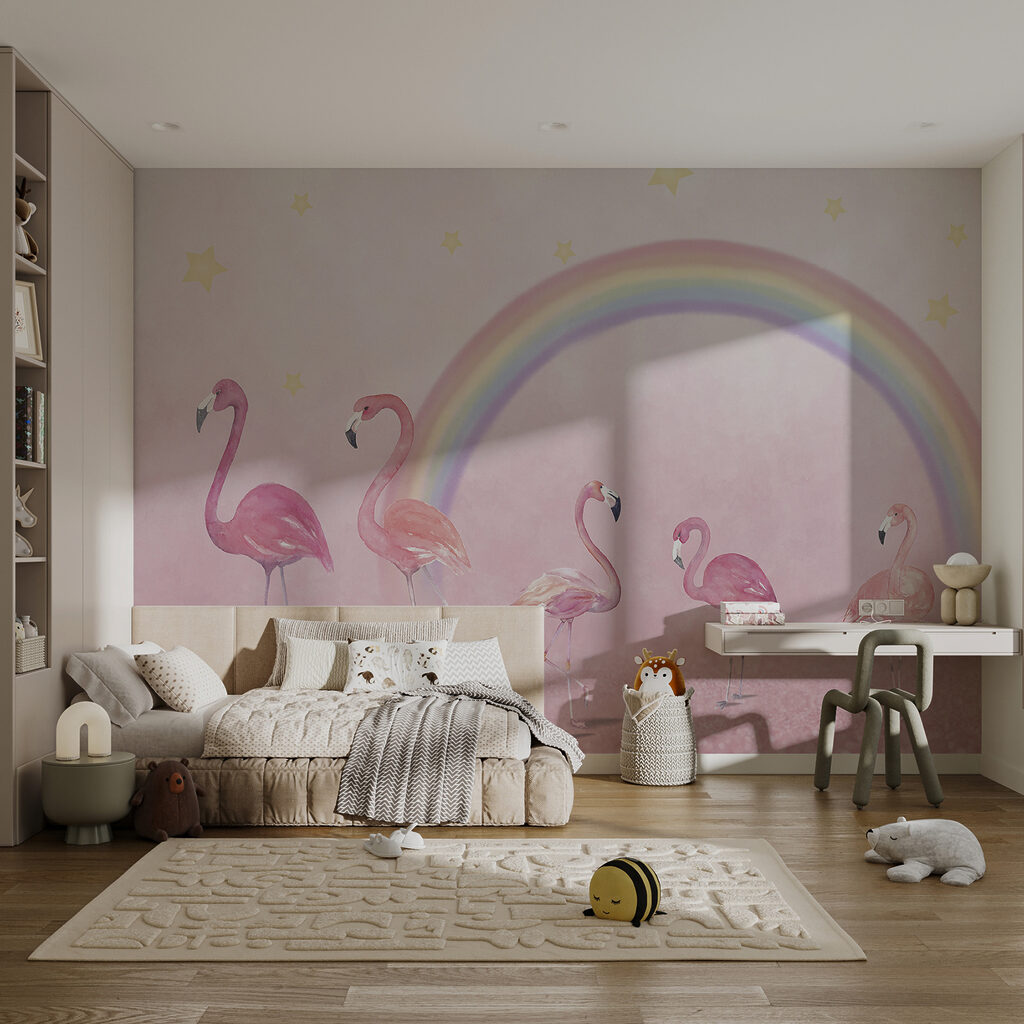 Group of flamingos with a rainbow Group of flamingos with a rainbow