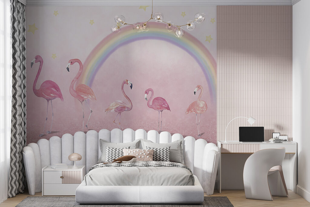 Group of flamingos with a rainbow Group of flamingos with a rainbow