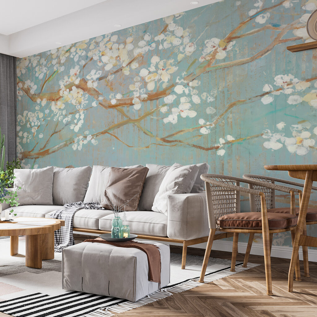 Painting of a tree branch with white flowers Painting of a tree branch with white flowers