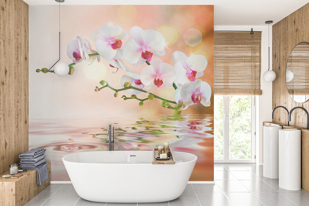 White orchids on a branch with water ripples White orchids on a branch with water ripples