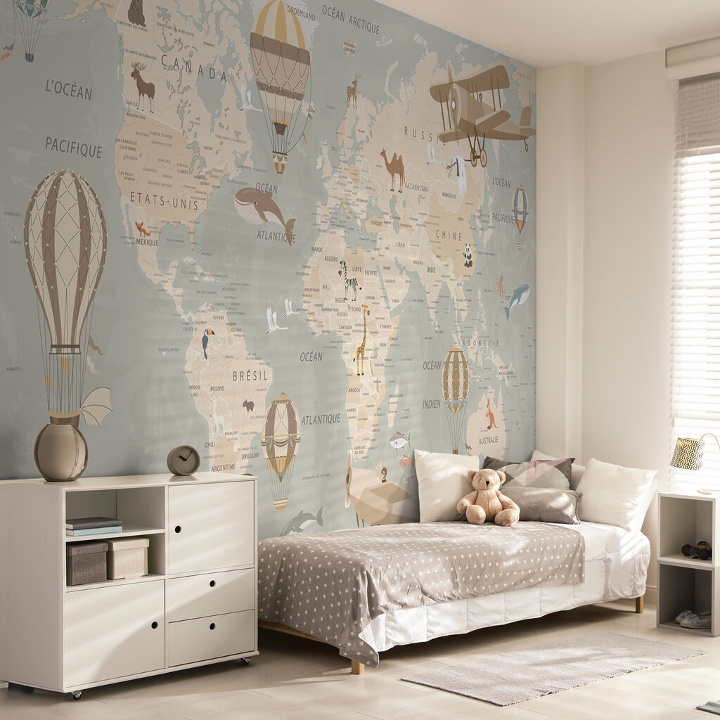 Map of the world with airplanes and hot air balloons Map of the world with airplanes and hot air balloons