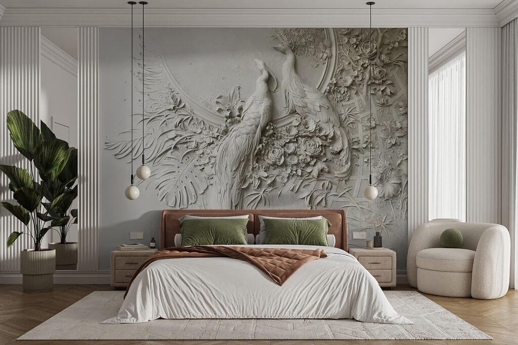 White wall with a couple of birds and flowers