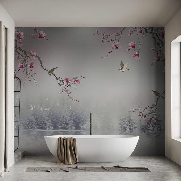 Tree branches with pink flowers and birds flying over water