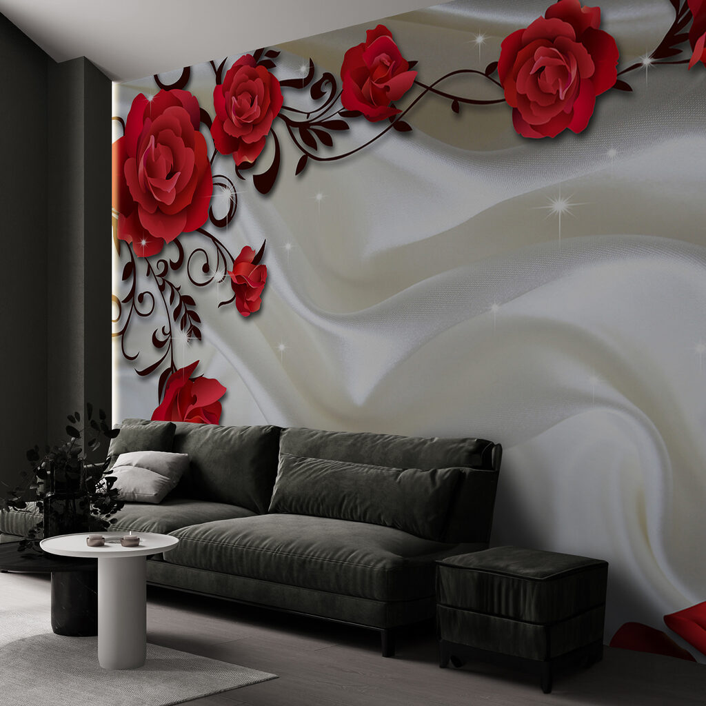 White satin with red roses and petals