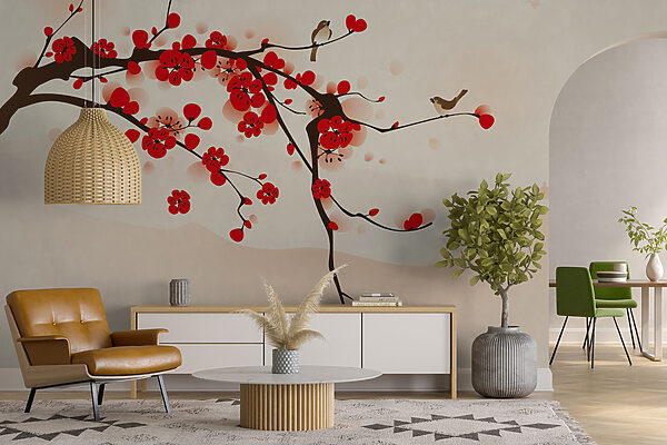 Branch with red flowers and birds flying in the sky