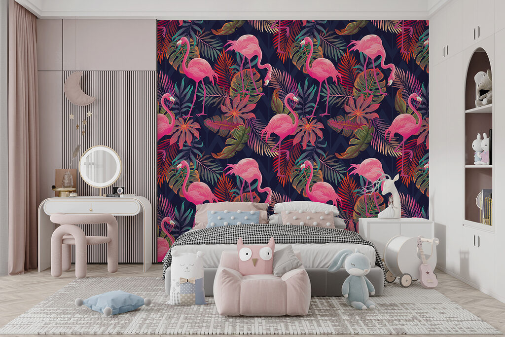 A pattern of pink flamingos and leaves A pattern of pink flamingos and leaves