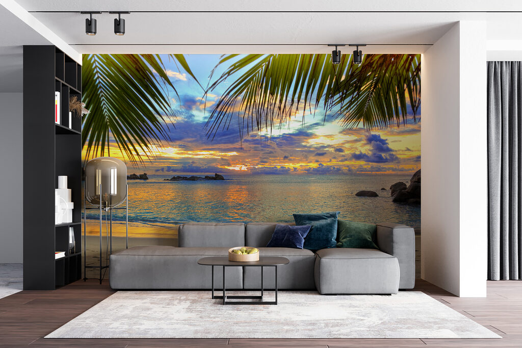 Beach with palm trees and water