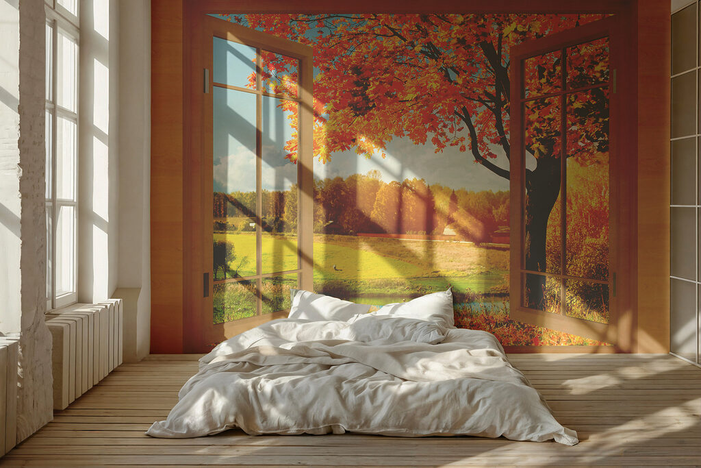 Window with trees and a river Window with trees and a river