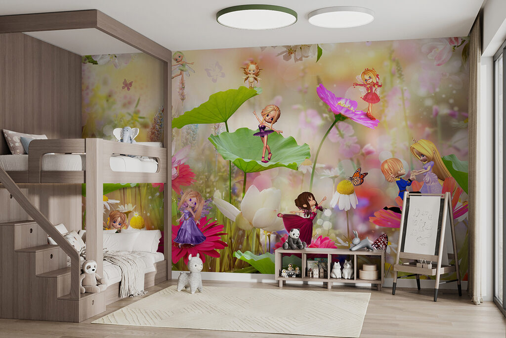 Group of cartoon fairies on flowers