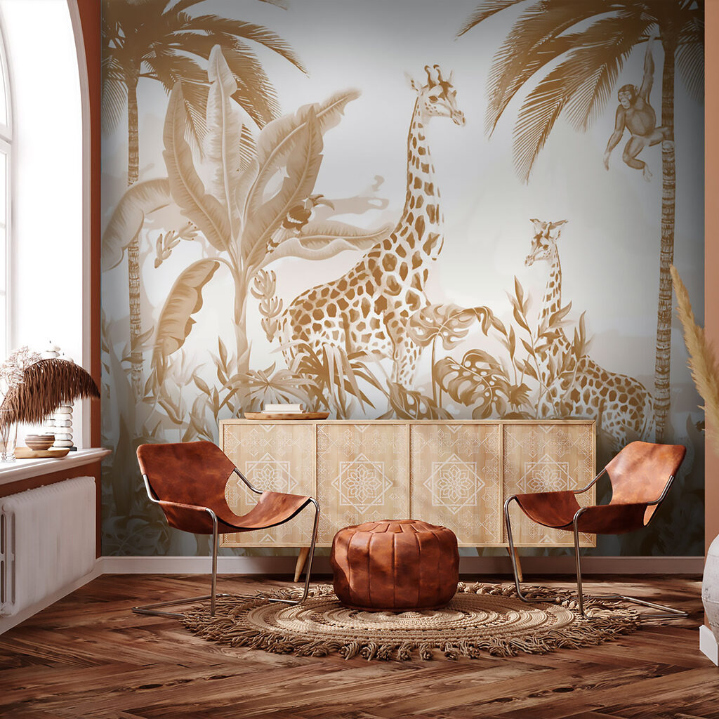 Wallpaper with giraffes and zebras