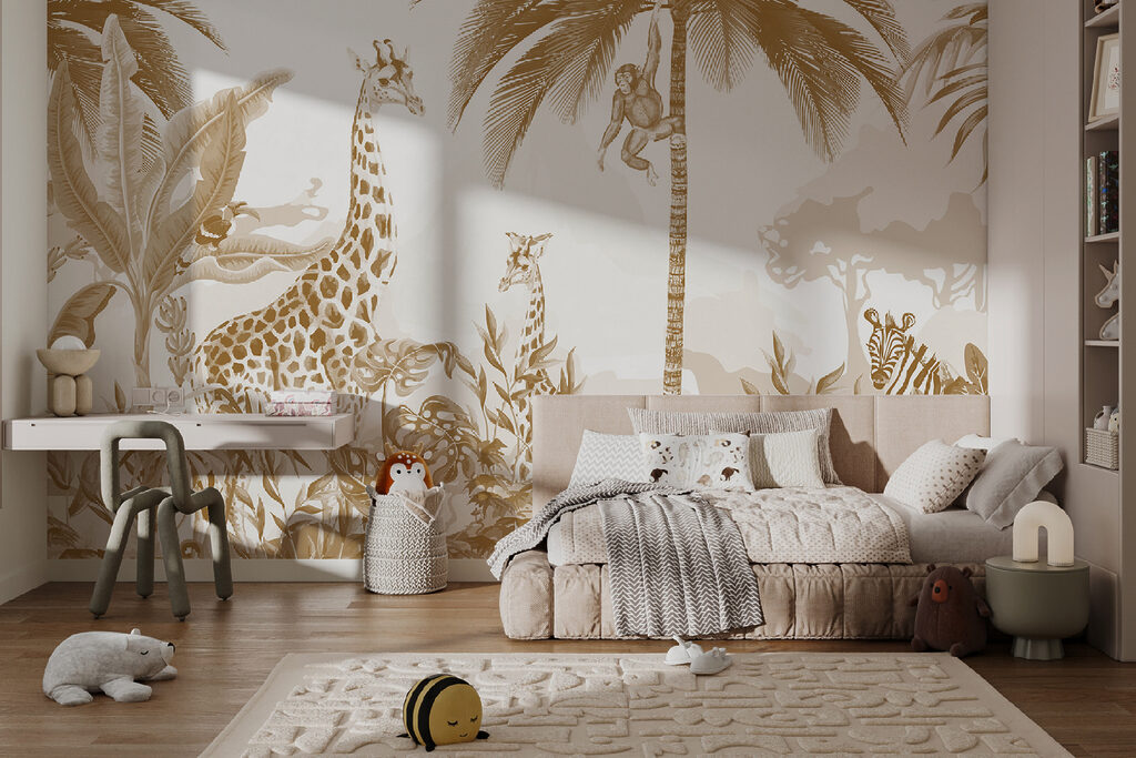 Wallpaper with giraffes and zebras