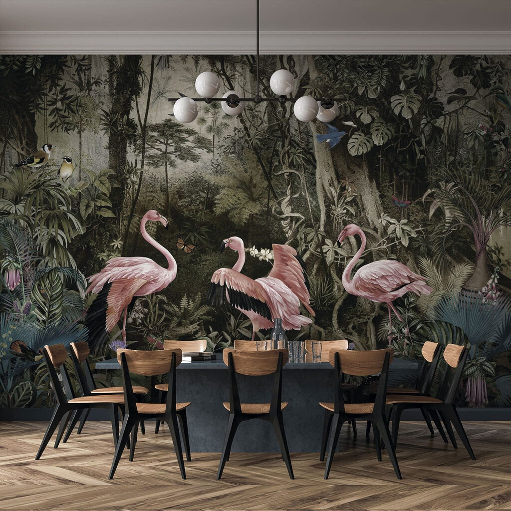 Group of pink flamingos in a forest Group of pink flamingos in a forest