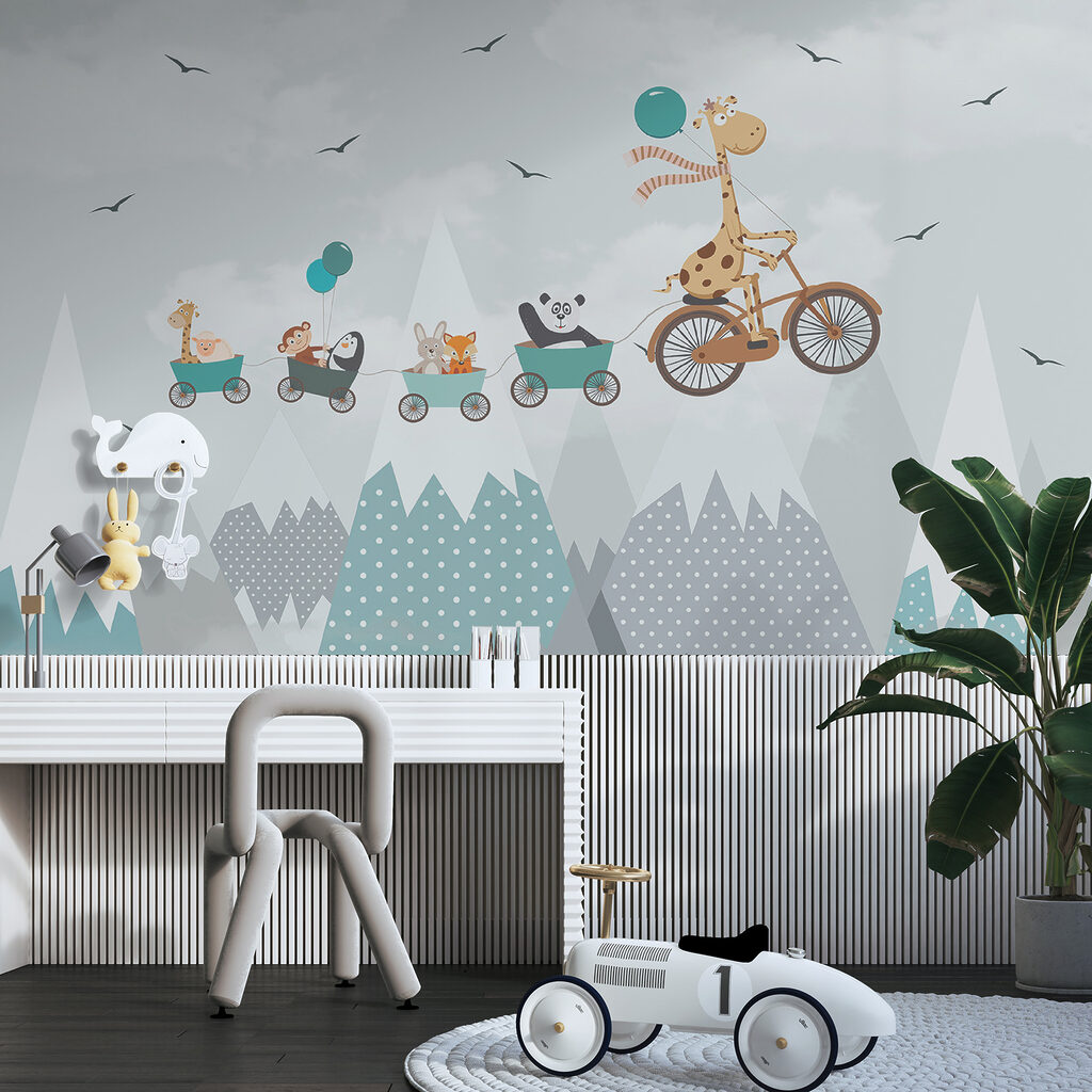 Giraffe riding a bicycle with a train and animals