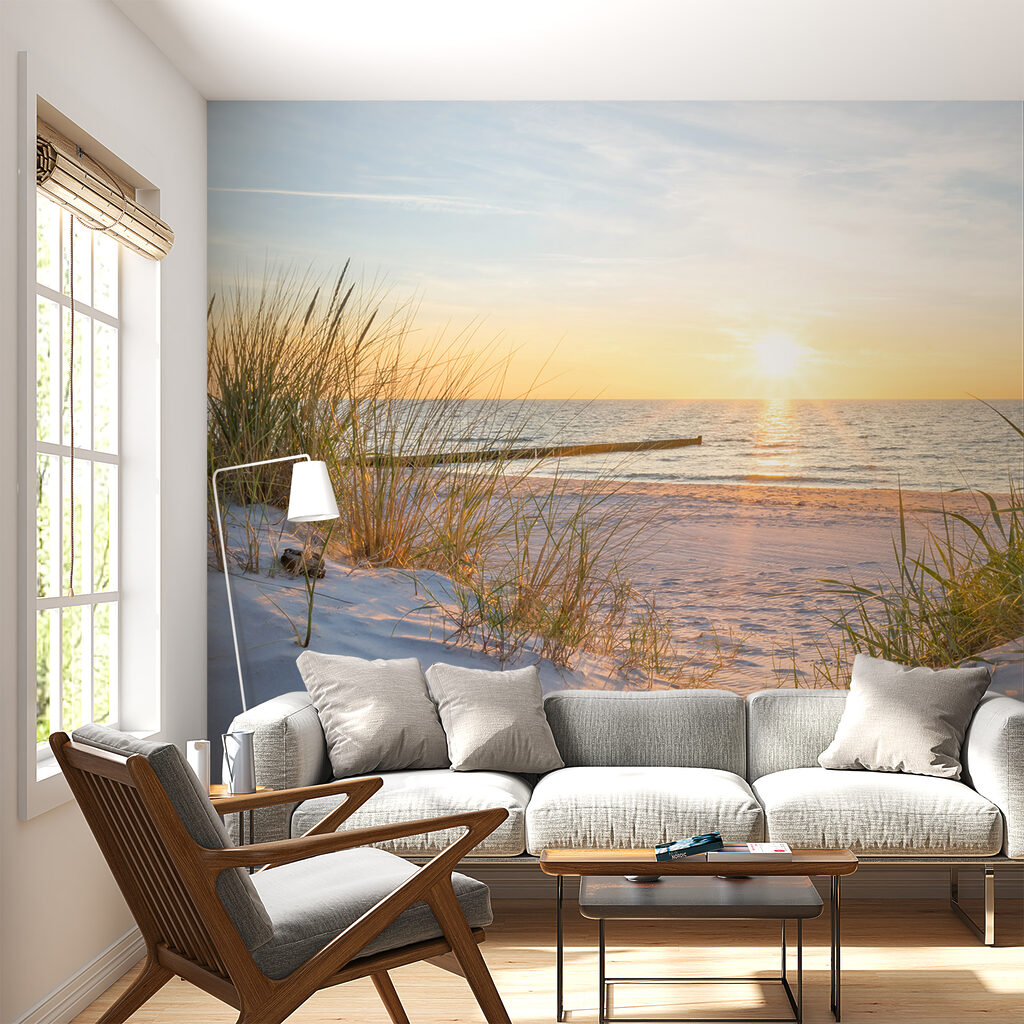 Beach with grass and a body of water Beach with grass and a body of water