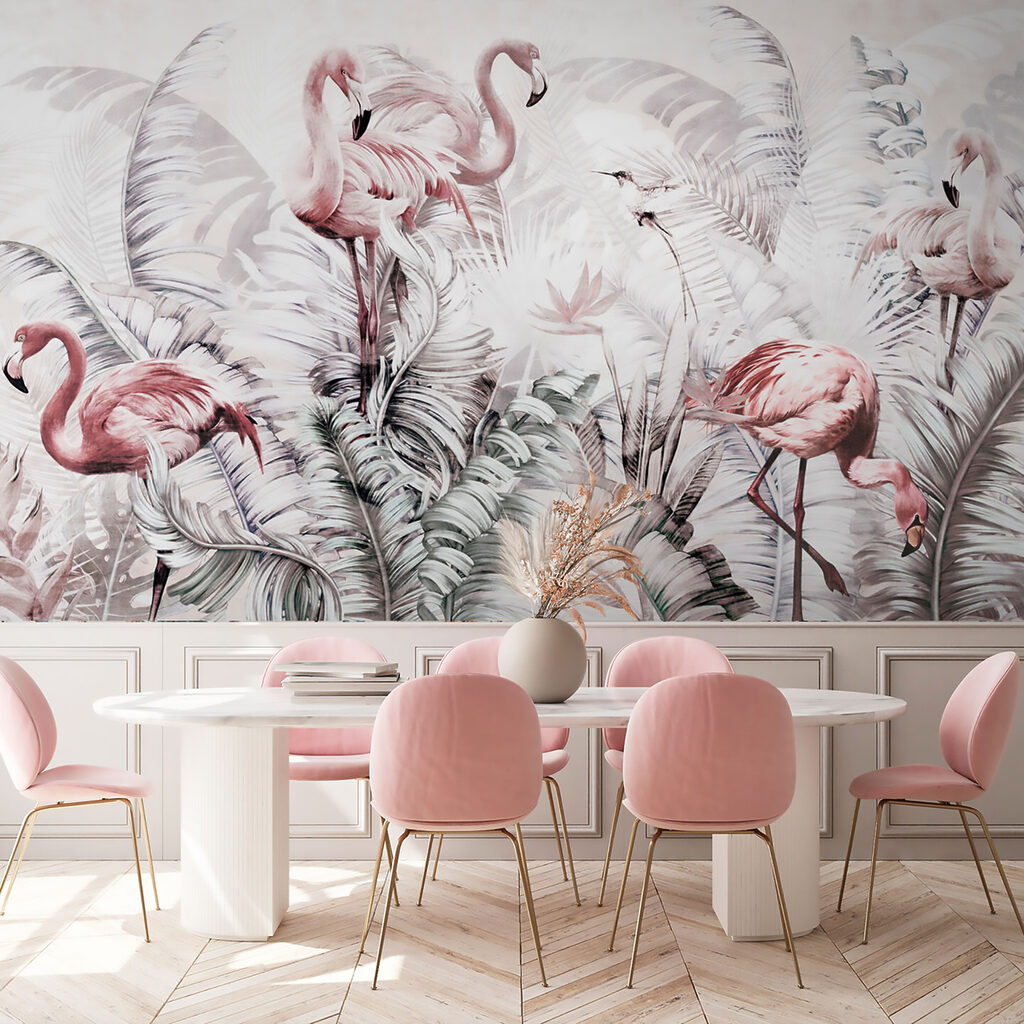 Wallpaper with flamingos and birds