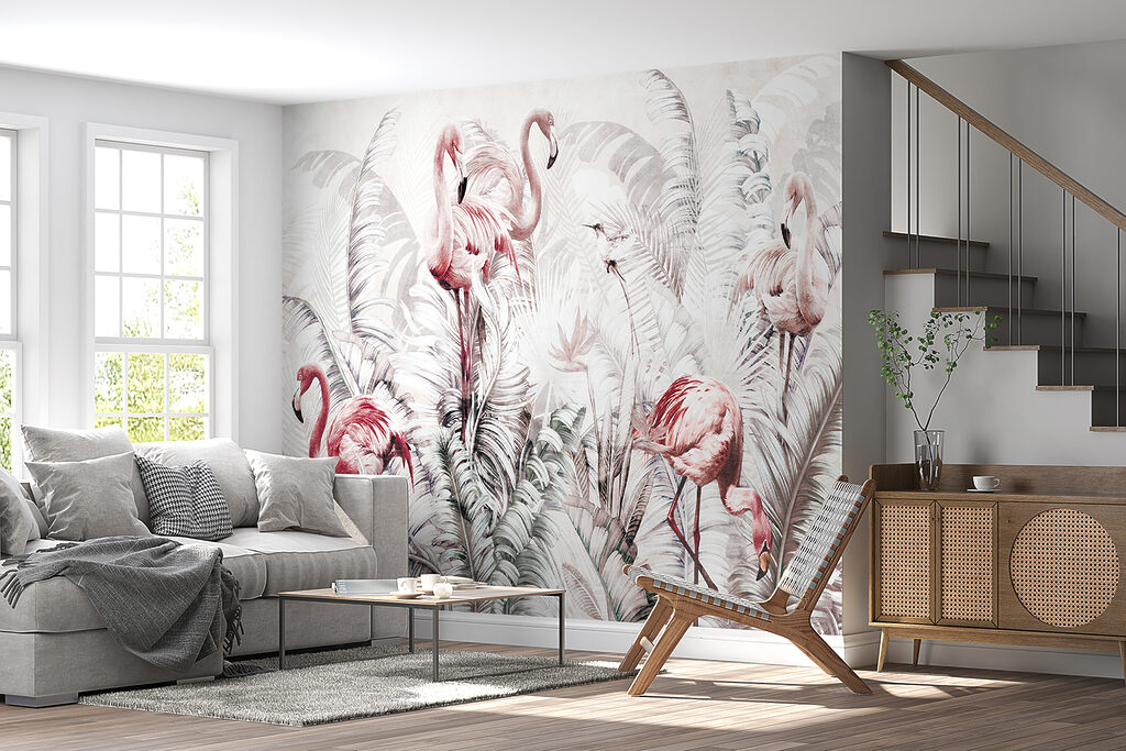 Wallpaper with flamingos and birds