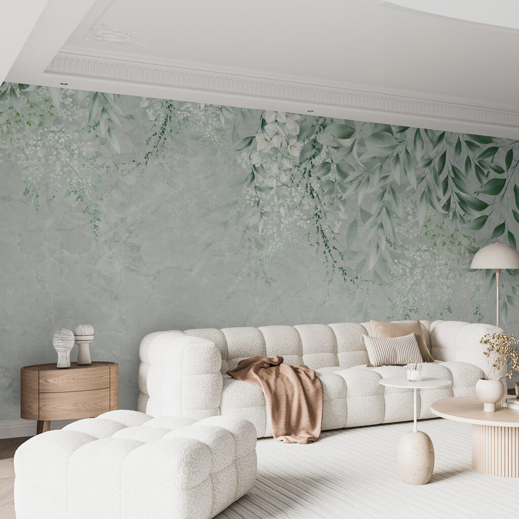 White flowers and green leaves on a white background