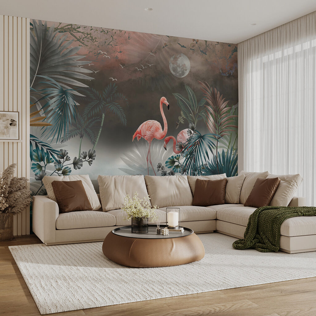 Painting of flamingos and plants