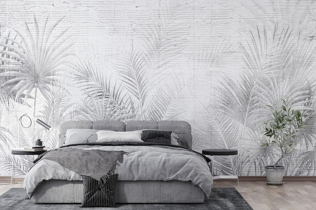 White and grey background with palm leaves White and grey background with palm leaves