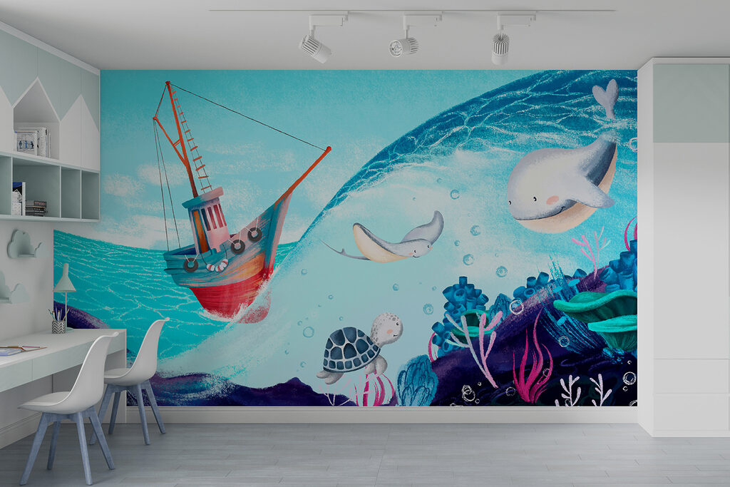 Cartoon of a boat and sea animals