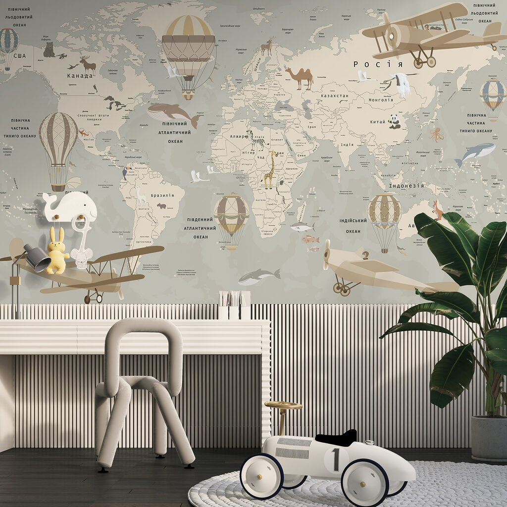 Map of the world with airplanes and animals Map of the world with airplanes and animals