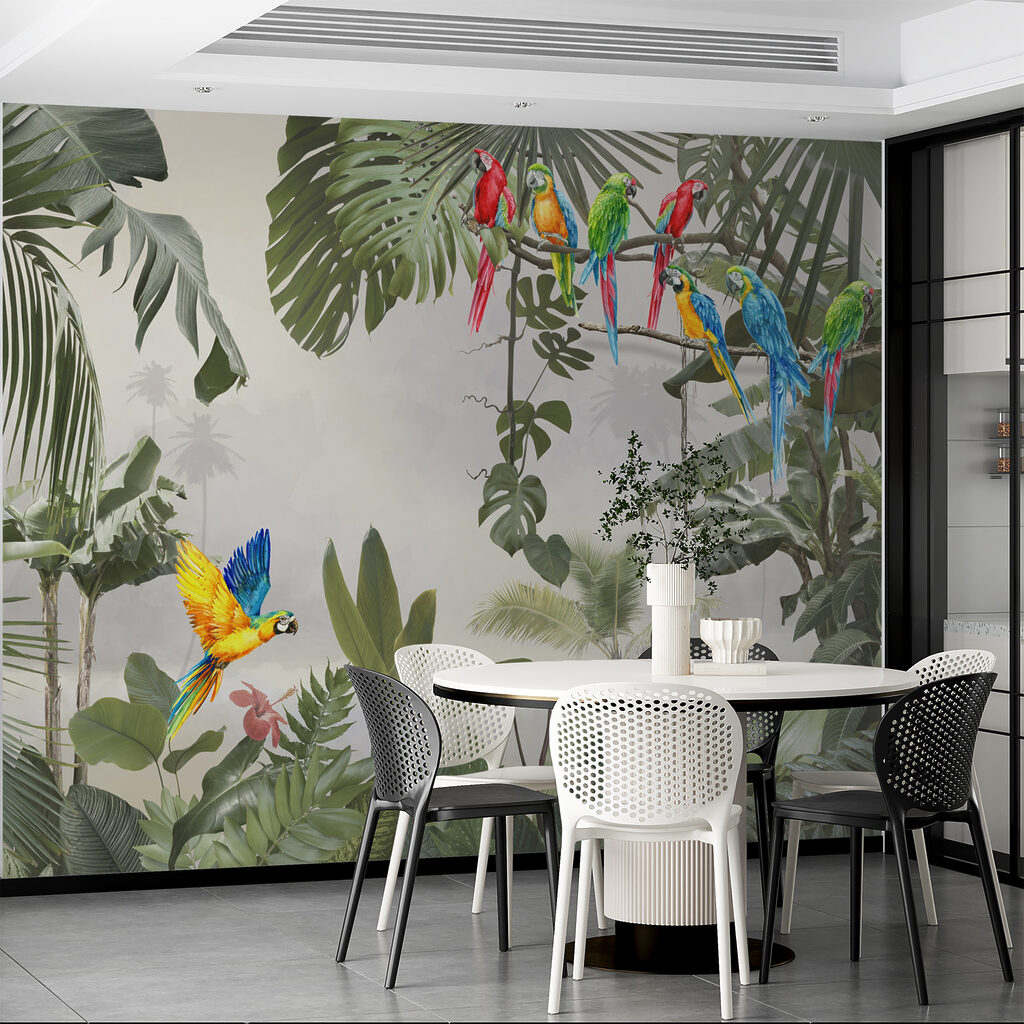 Group of colorful birds on a tree branch Group of colorful birds on a tree branch