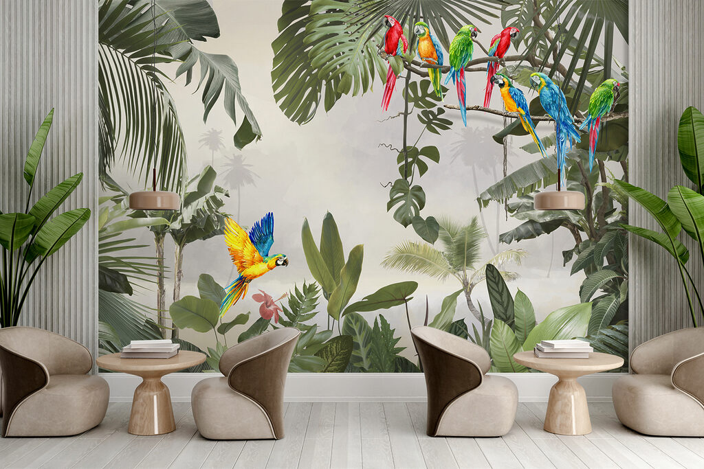 Group of colorful birds on a tree branch Group of colorful birds on a tree branch