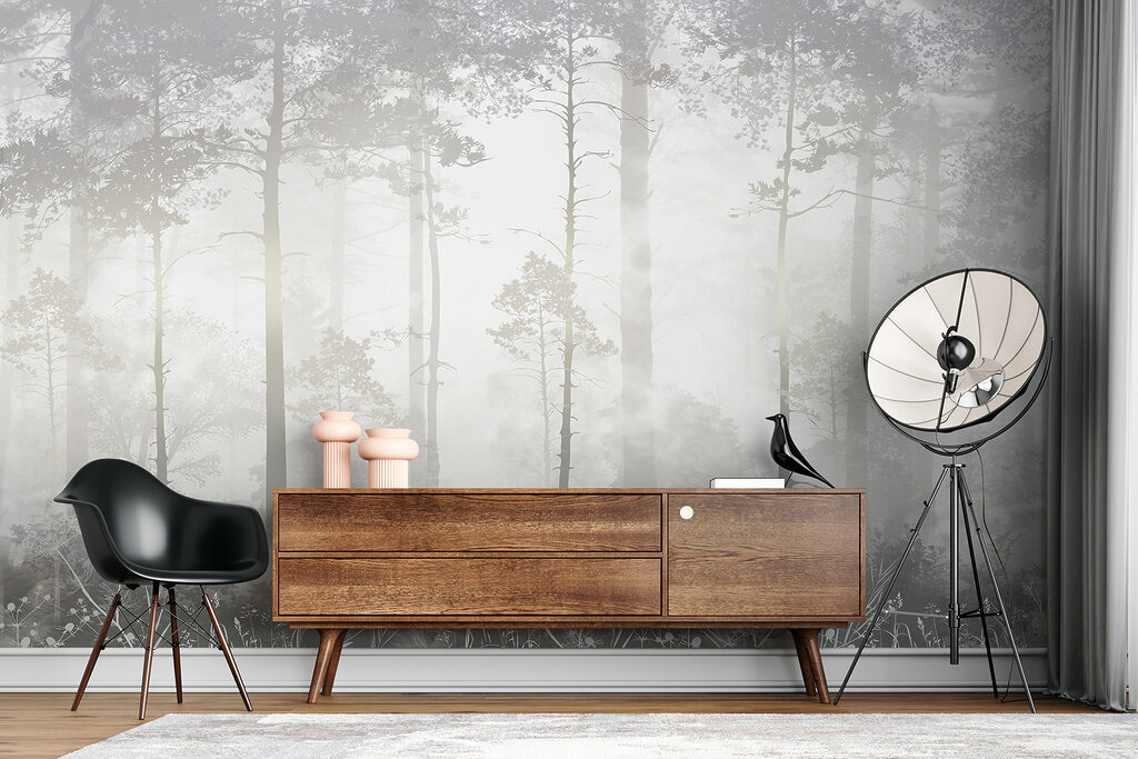 Foggy forest with tall trees Foggy forest with tall trees