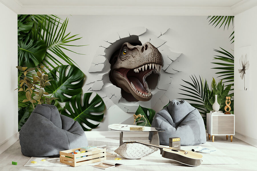 Dinosaurie hlavy vychádzajúce z diery v stene