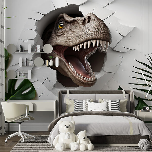 Dinosaurie hlavy vychádzajúce z diery v stene Dinosaurie hlavy vychádzajúce z diery v stene