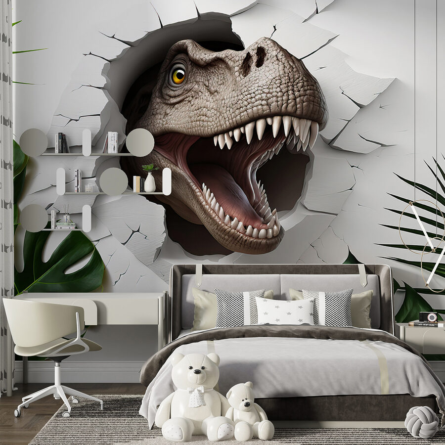Dinosaurie hlavy vychádzajúce z diery v stene