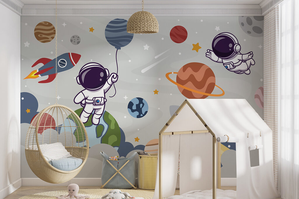 Cartoon astronaut in space with planets and rocket flying in the sky Cartoon astronaut in space with planets and rocket flying in the sky
