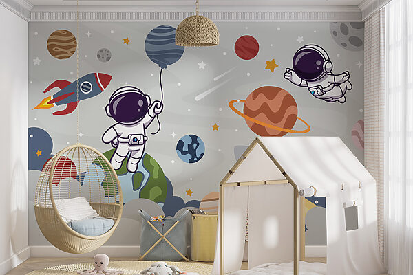 Kreslený astronaut vo vesmíre s planétami a raketou letiacou na oblohe Kreslený astronaut vo vesmíre s planétami a raketou letiacou na oblohe
