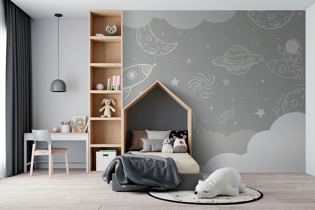 Grey background with clouds and rockets Grey background with clouds and rockets