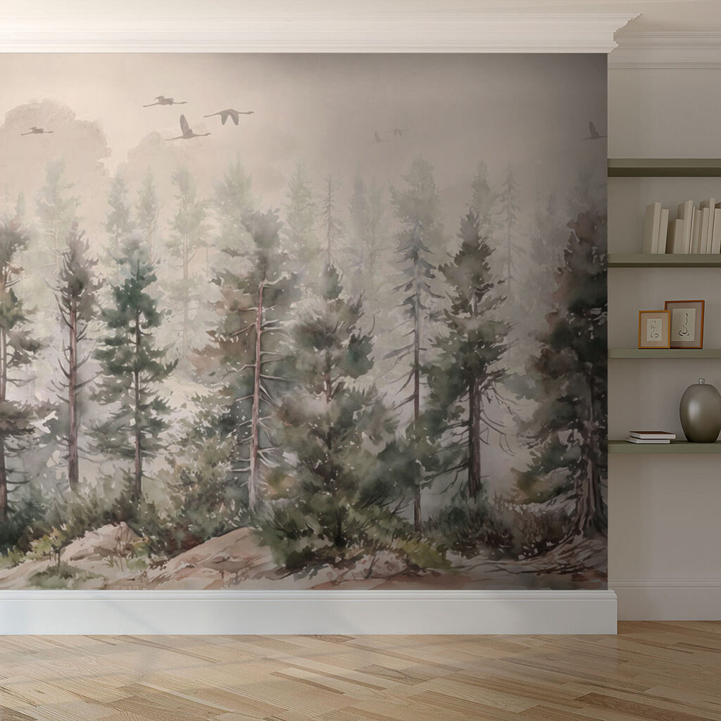 Watercolor of trees and birds flying over a foggy forest Watercolor of trees and birds flying over a foggy forest