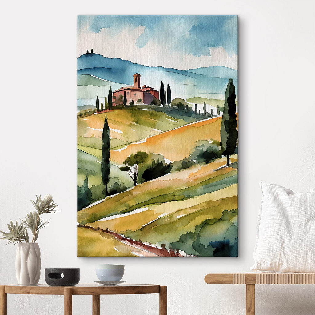 Watercolor of a house on a hill with trees and hills Watercolor of a house on a hill with trees and hills