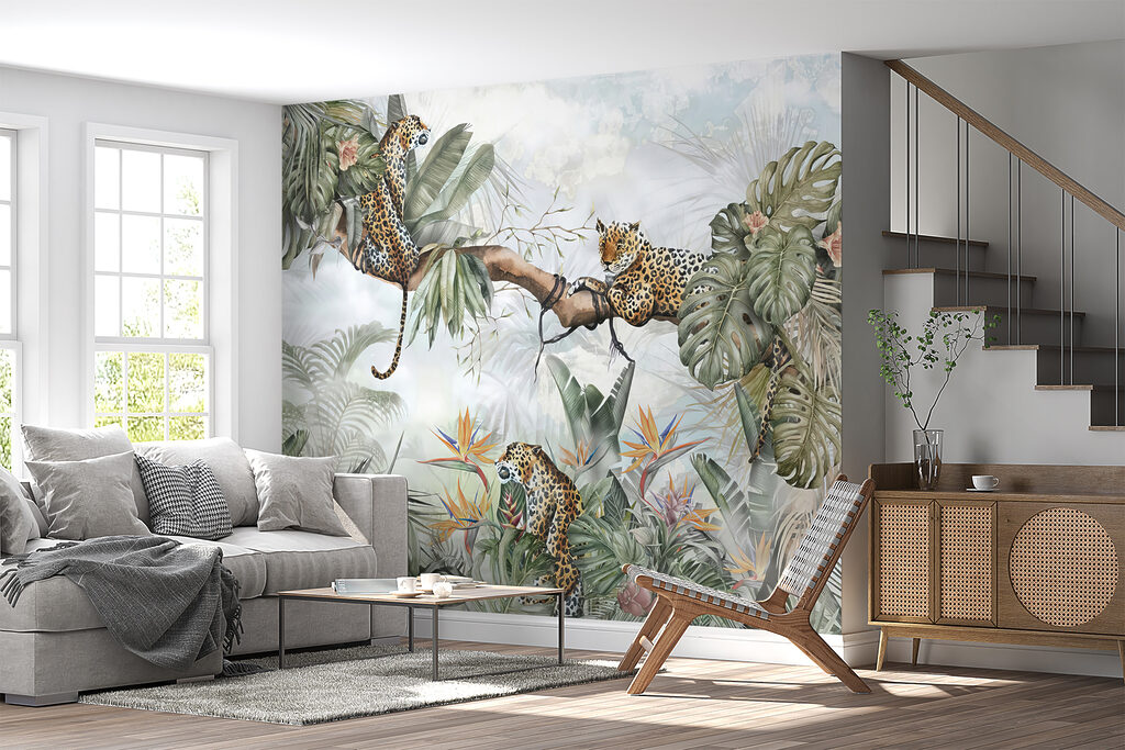 Painting of a group of cheetahs on a tree branch Painting of a group of cheetahs on a tree branch