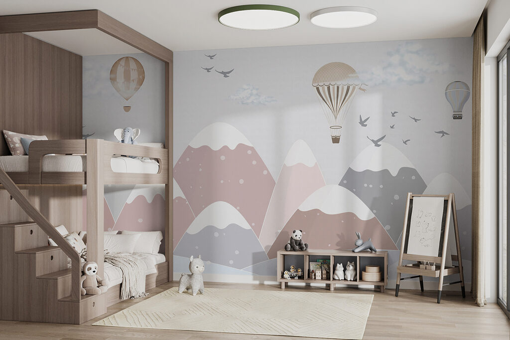 Hot air balloon flying over mountains Hot air balloon flying over mountains