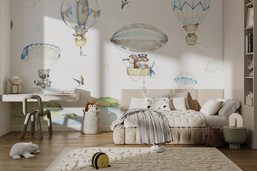 Group of animals in hot air balloons