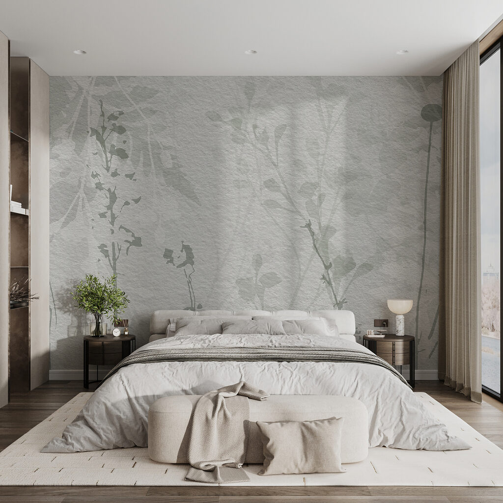 White wall with green leaves White wall with green leaves