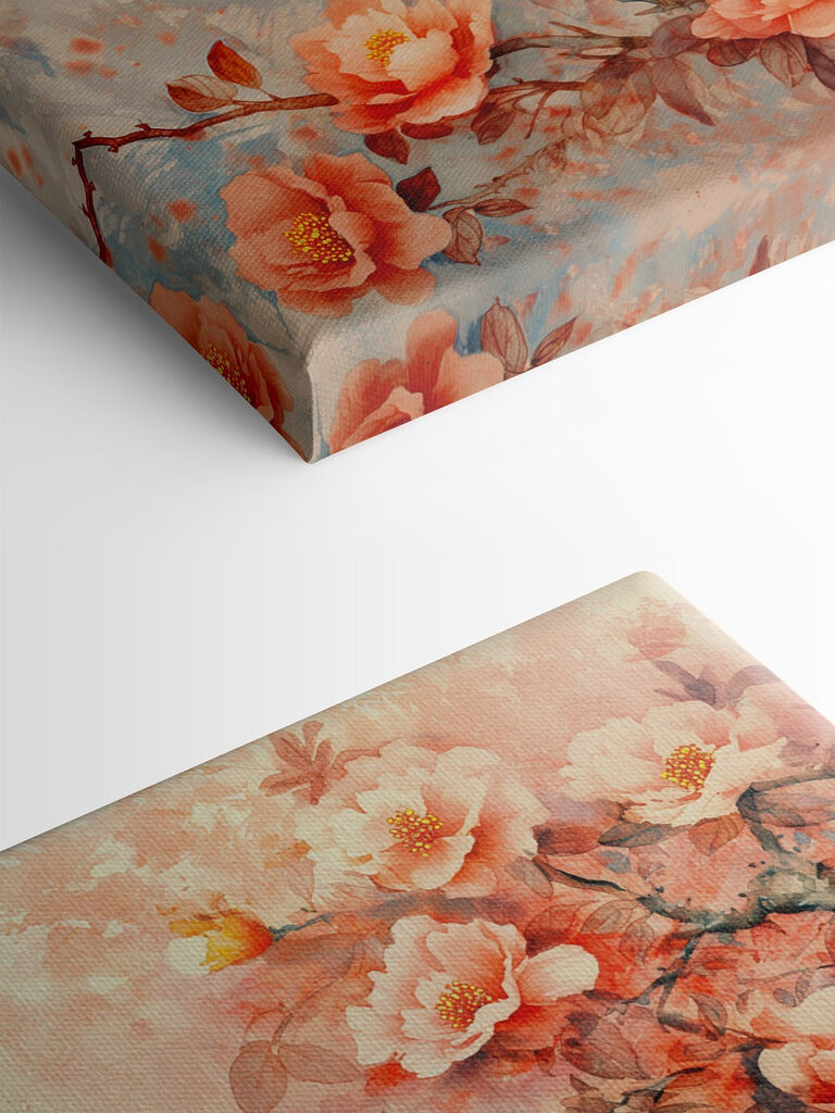 A painting of a peacock on a branch with flowers A painting of a peacock on a branch with flowers