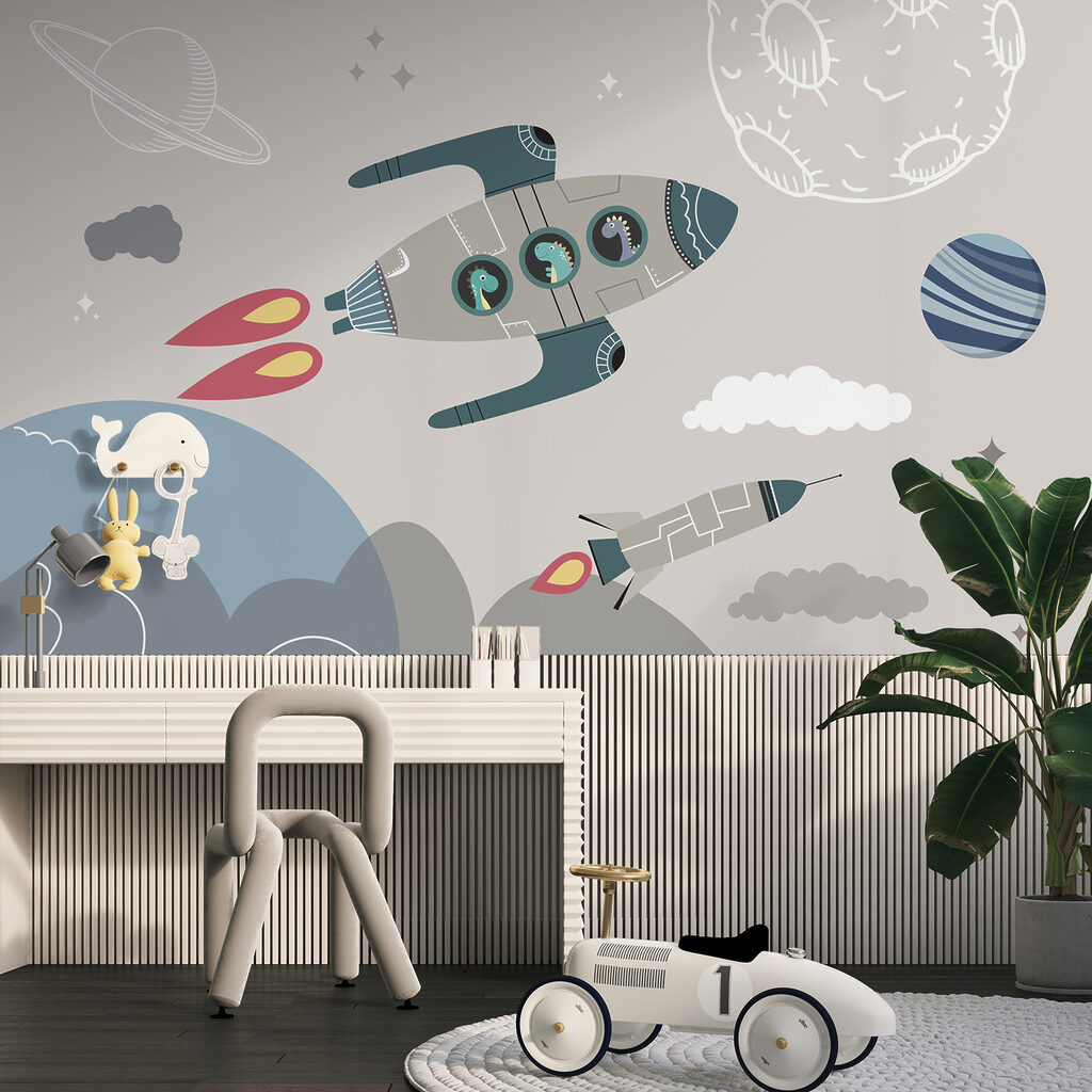 Cartoon rocket ship and rockets in the sky Cartoon rocket ship and rockets in the sky